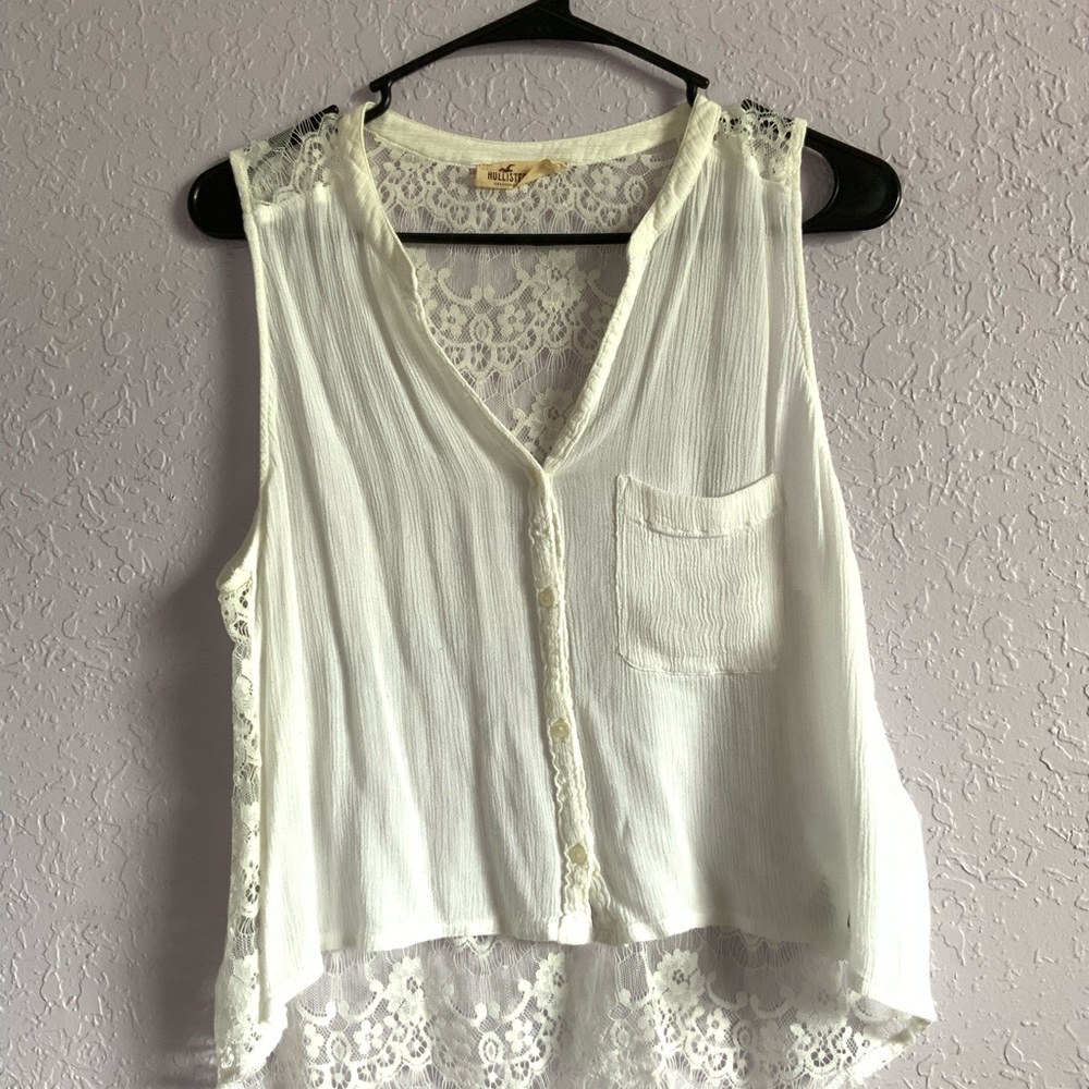 Hollister White V Neck Lace Button up Blouse